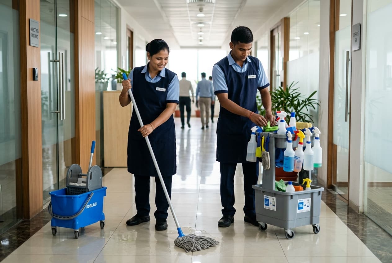 Samarth Security housekeeping staff cleaning a corporate office lobby in Pune