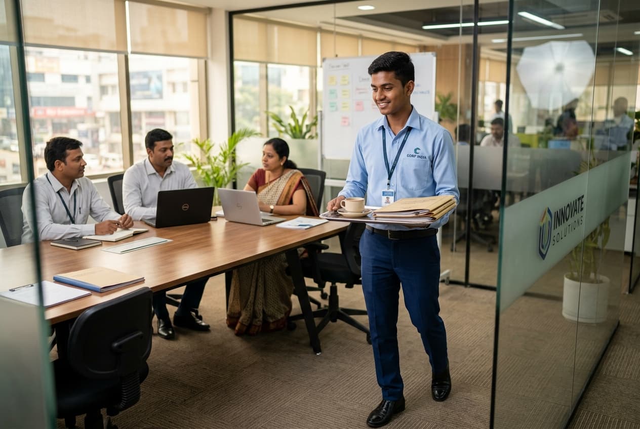 Professional office boy and workplace assistant supporting daily corporate office operations