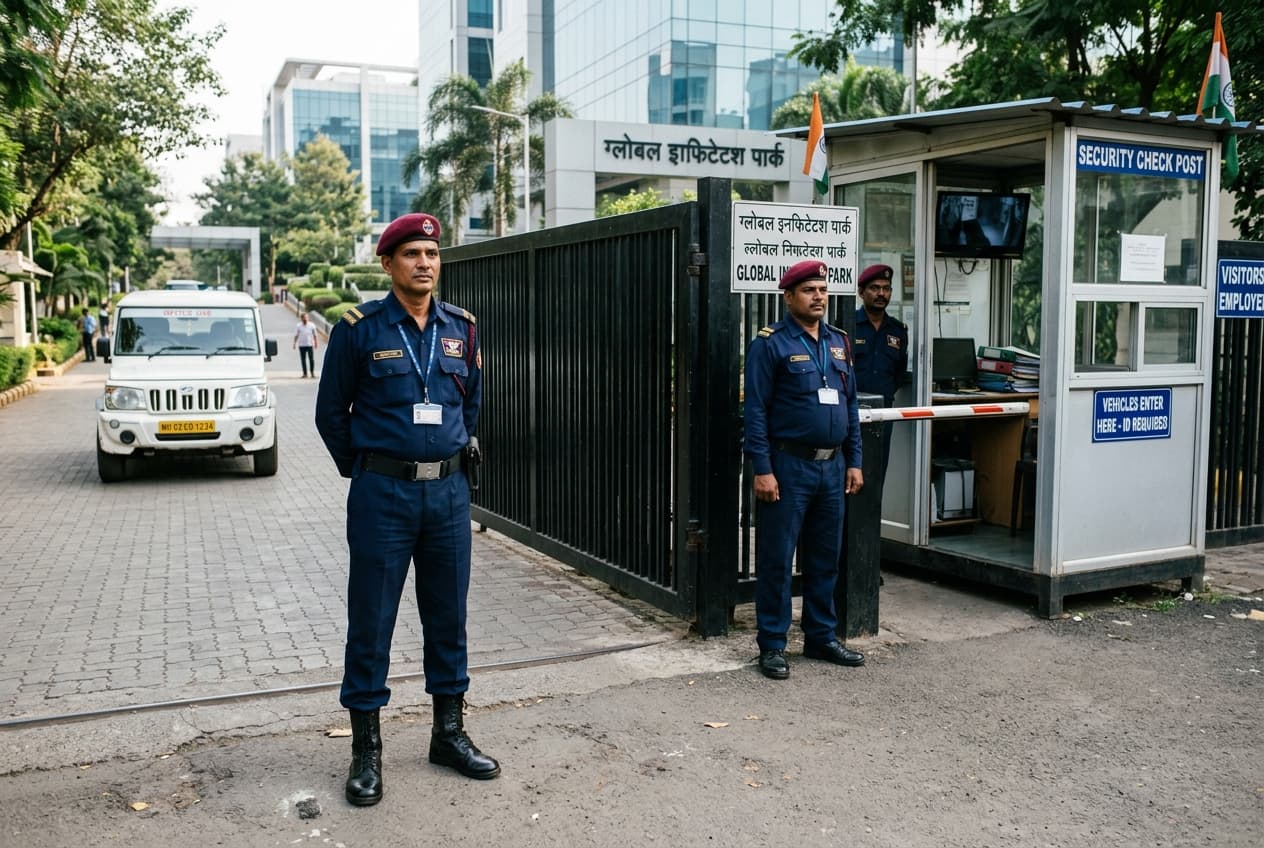 PSARA licensed Samarth Security guard on duty at a corporate office gate in Maharashtra