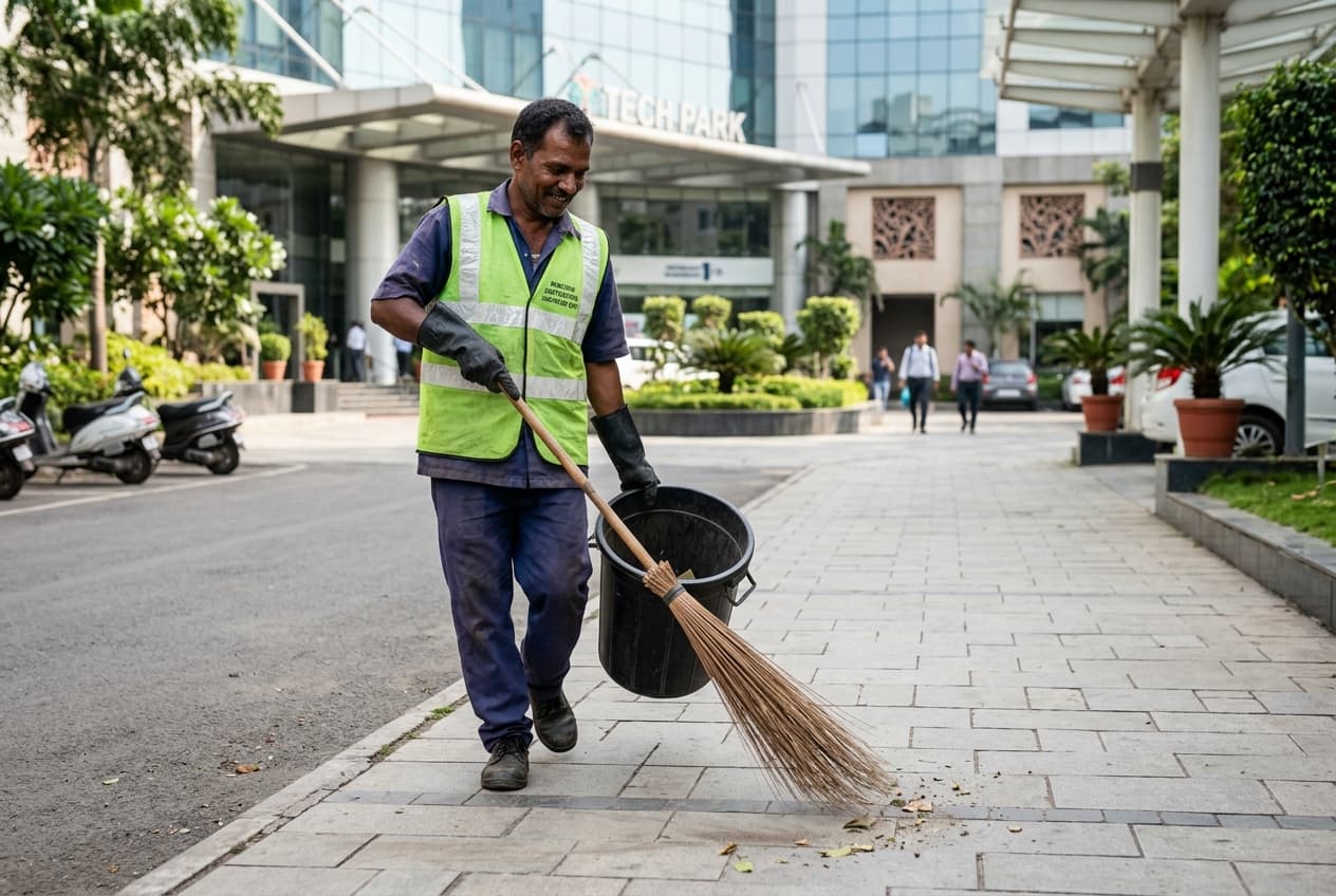 Dedicated sweeper and sanitation personnel maintaining commercial property cleanliness